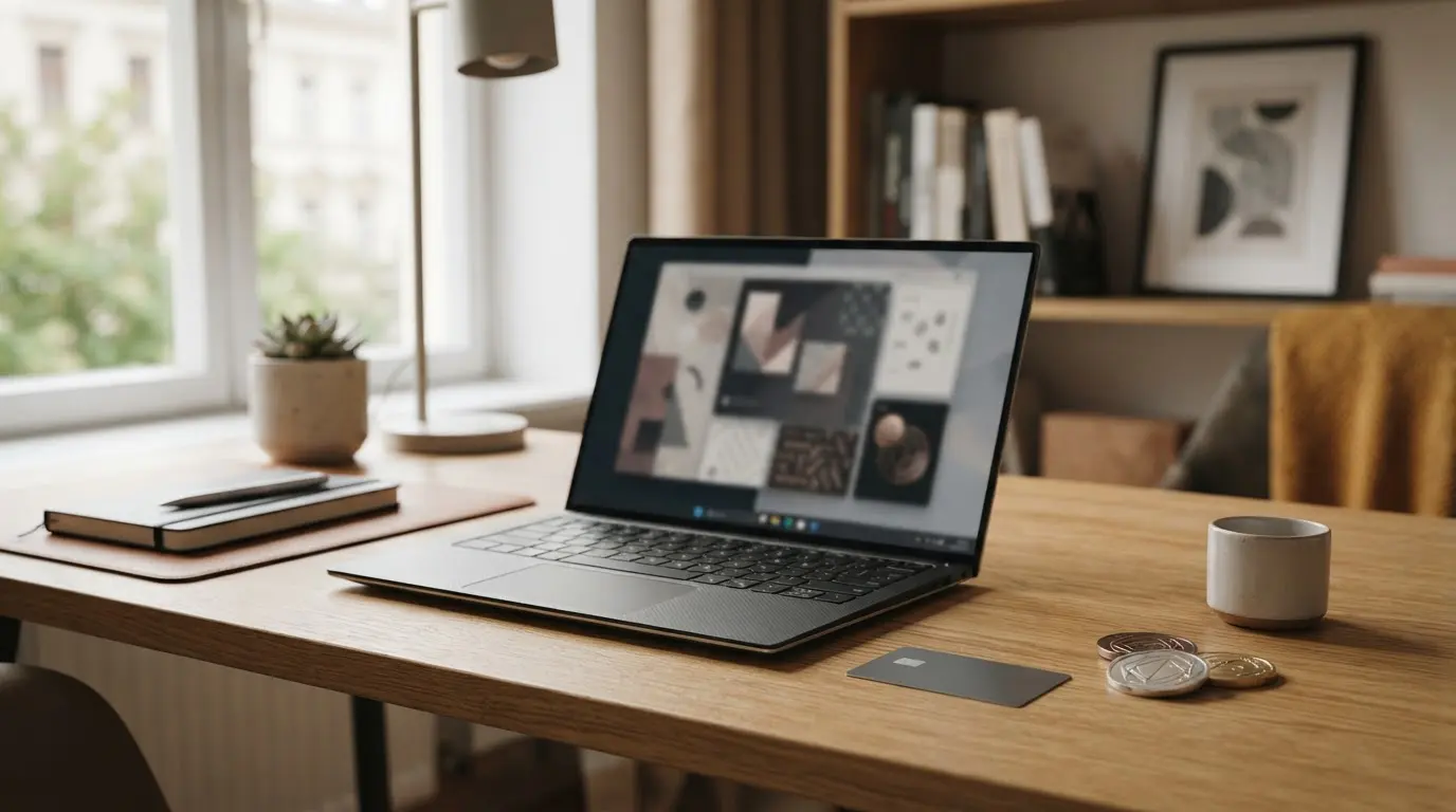 Laptop mit abstrakten Spielkacheln neben einer Bankkarte und geometrischen Kryptosymbolen